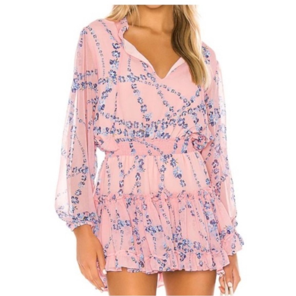MISA, pink and blue ruffled mini dress, large